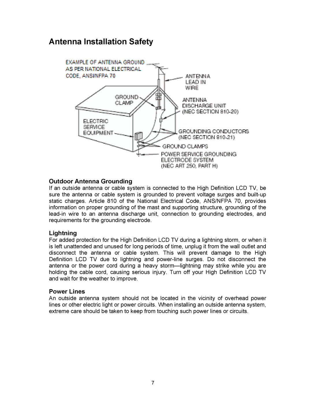 Westinghouse PT-19H520S, PT-16H120S appendix Antenna Installation Safety, Outdoor Antenna Grounding, Lightning, Power Lines 