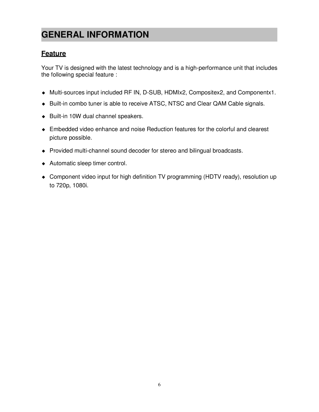 Westinghouse PT-16H610S user manual General Information, Feature 