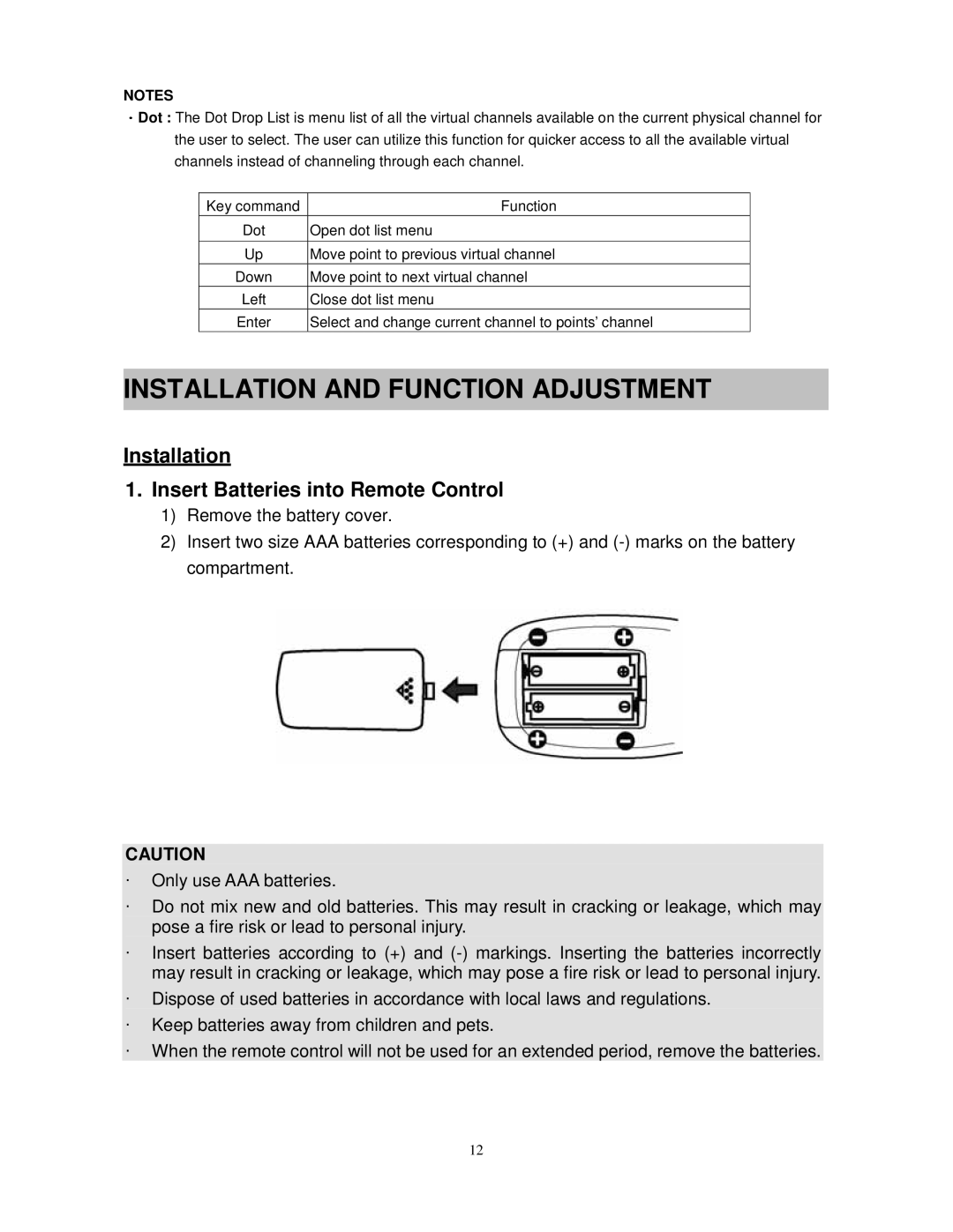 Westinghouse PT-16H610S user manual Installation and Function Adjustment, Installation Insert Batteries into Remote Control 