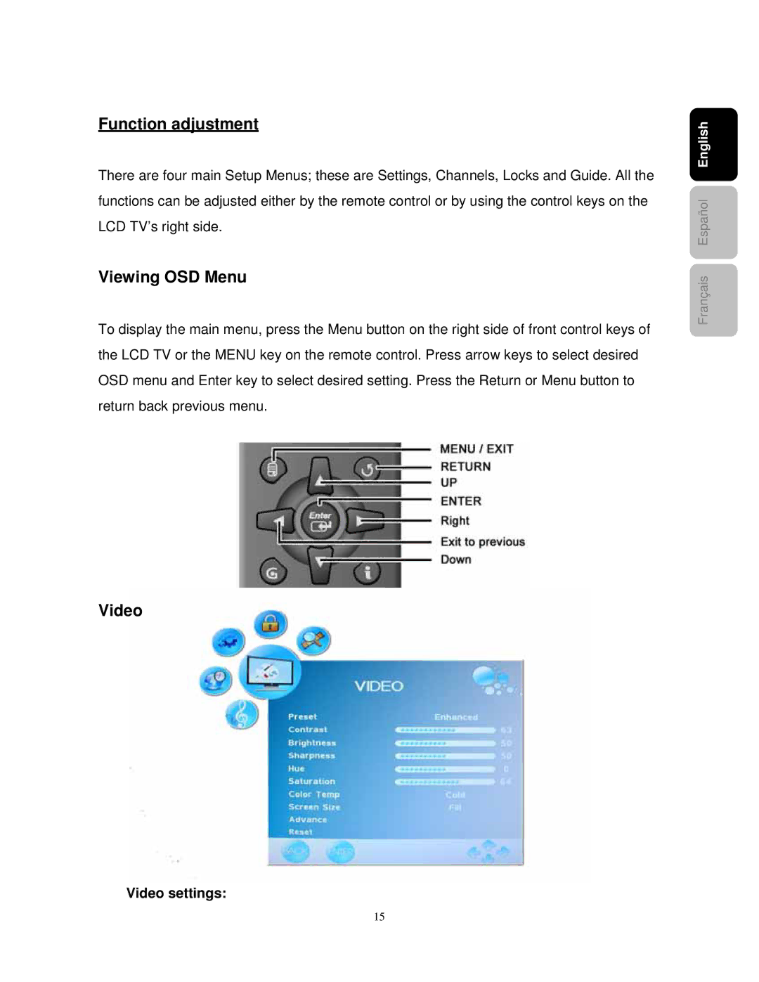 Westinghouse PT-16H610S user manual Functionadjustment, Viewing OSD Menu, Video settings 