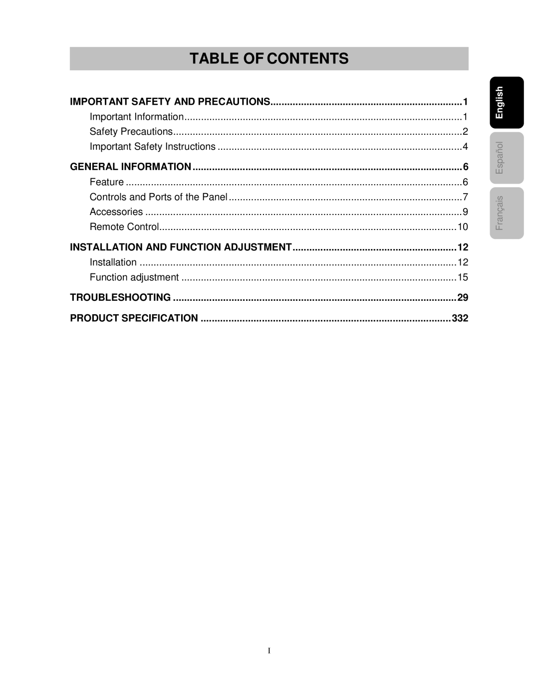 Westinghouse PT-16H610S user manual Table of Contents 