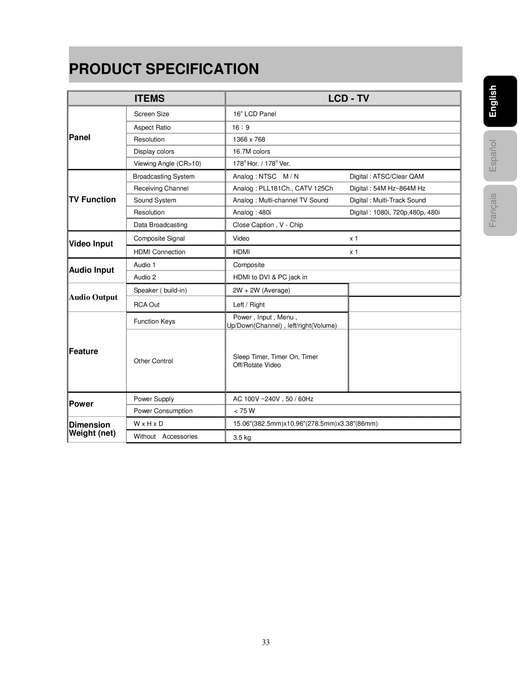 Westinghouse PT-16H610S user manual Product Specification, Items 