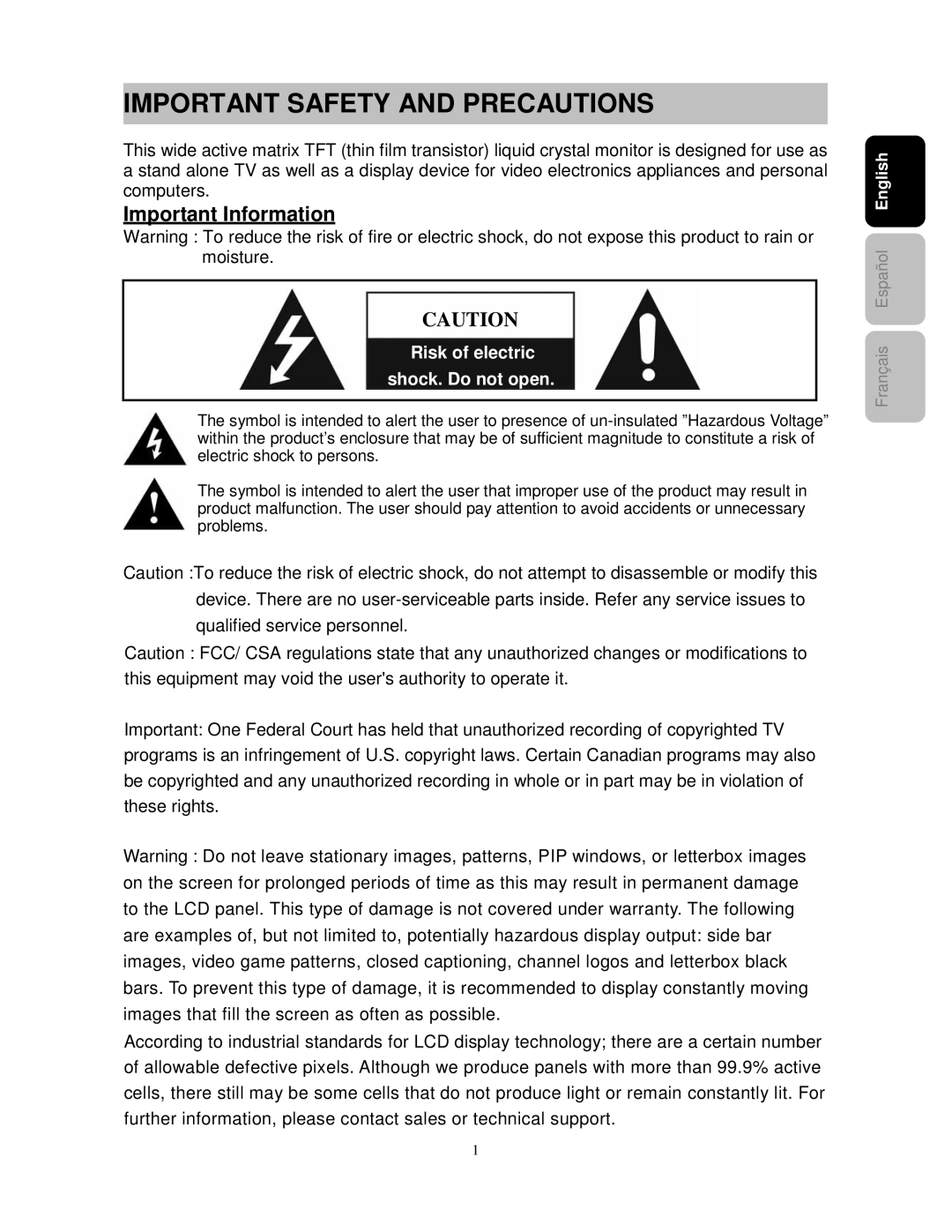 Westinghouse PT-16H610S user manual Important Safety and Precautions, Important Information 