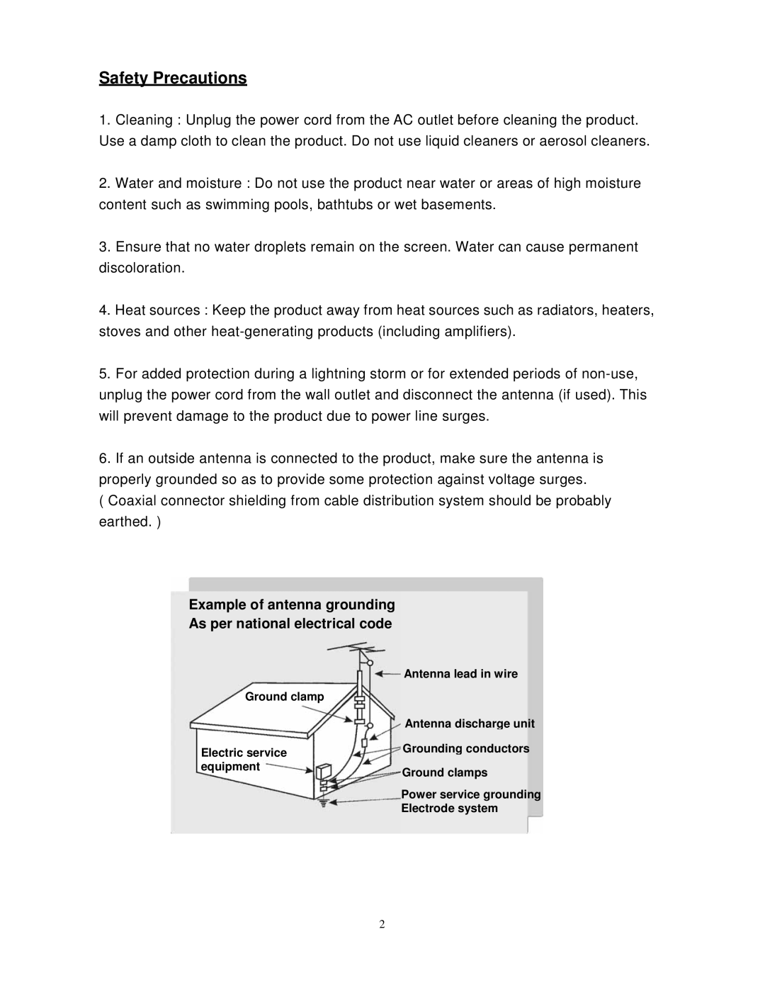 Westinghouse PT-16H610S user manual Safety Precautions, Example of antenna grounding As per national electrical code 