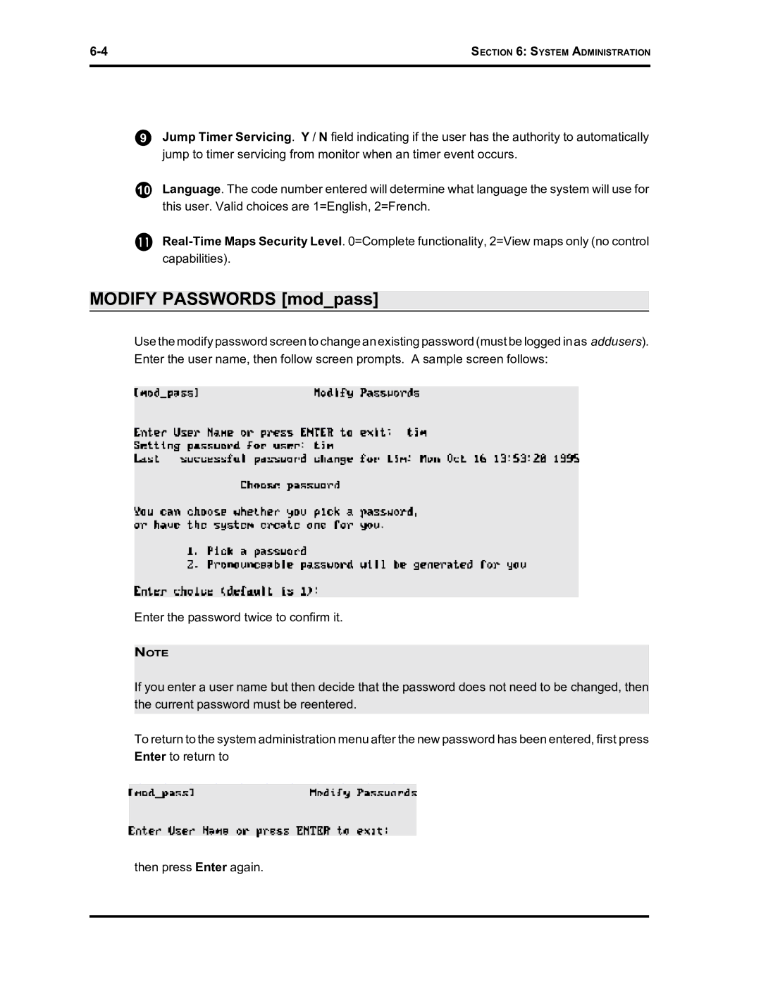 Westinghouse SE 6000 manual Modify Passwords modpass 