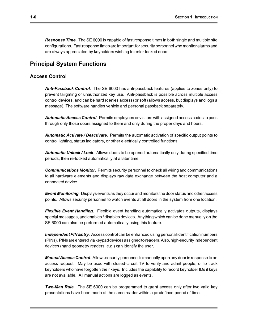 Westinghouse SE 6000 manual Principal System Functions, Access Control 