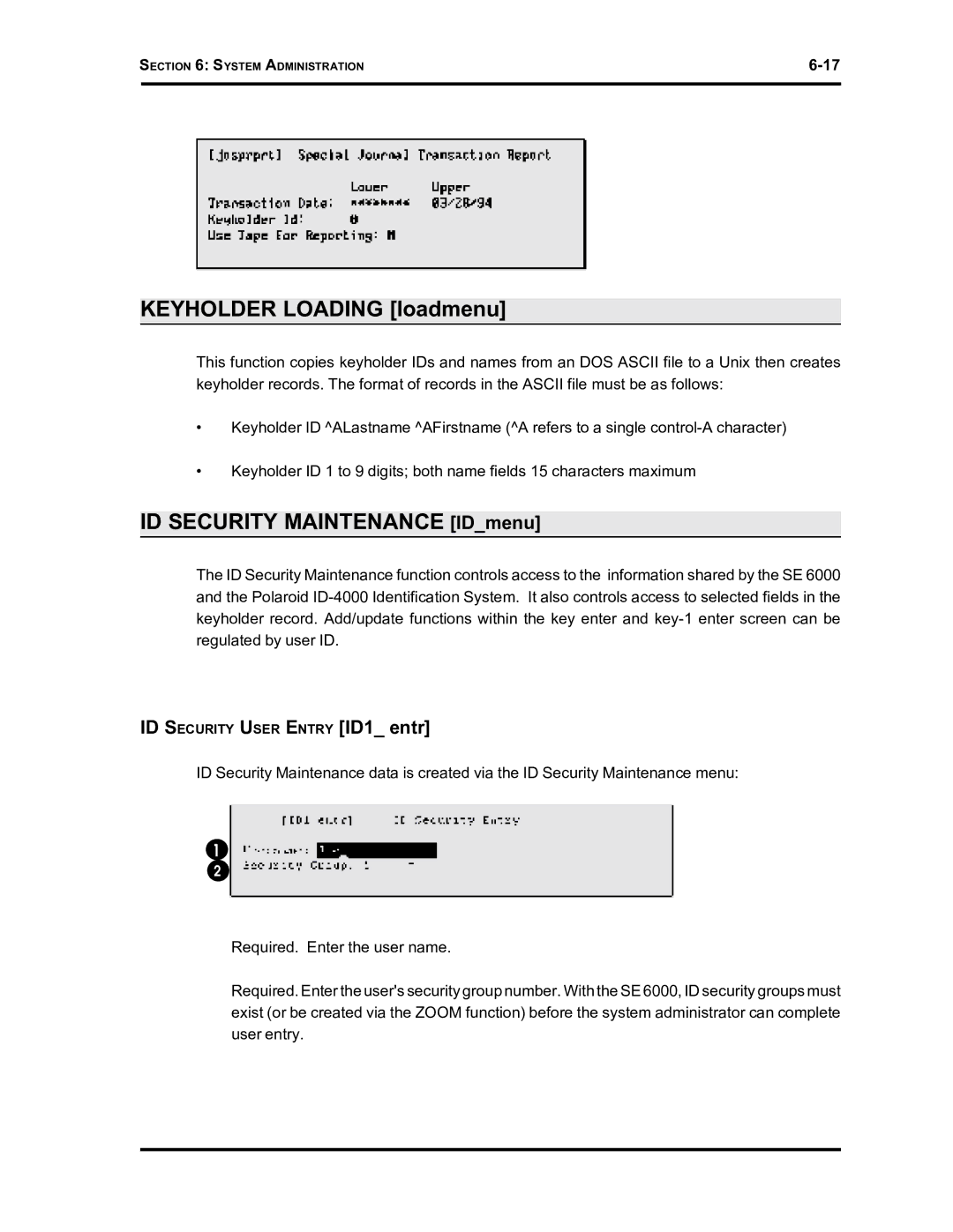 Westinghouse SE 6000 manual Keyholder Loading loadmenu, ID Security Maintenance IDmenu, ID Security User Entry ID1 entr 