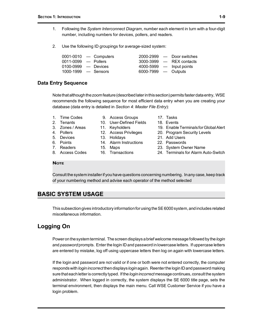 Westinghouse SE 6000 manual Basic System Usage, Logging On, Data Entry Sequence 