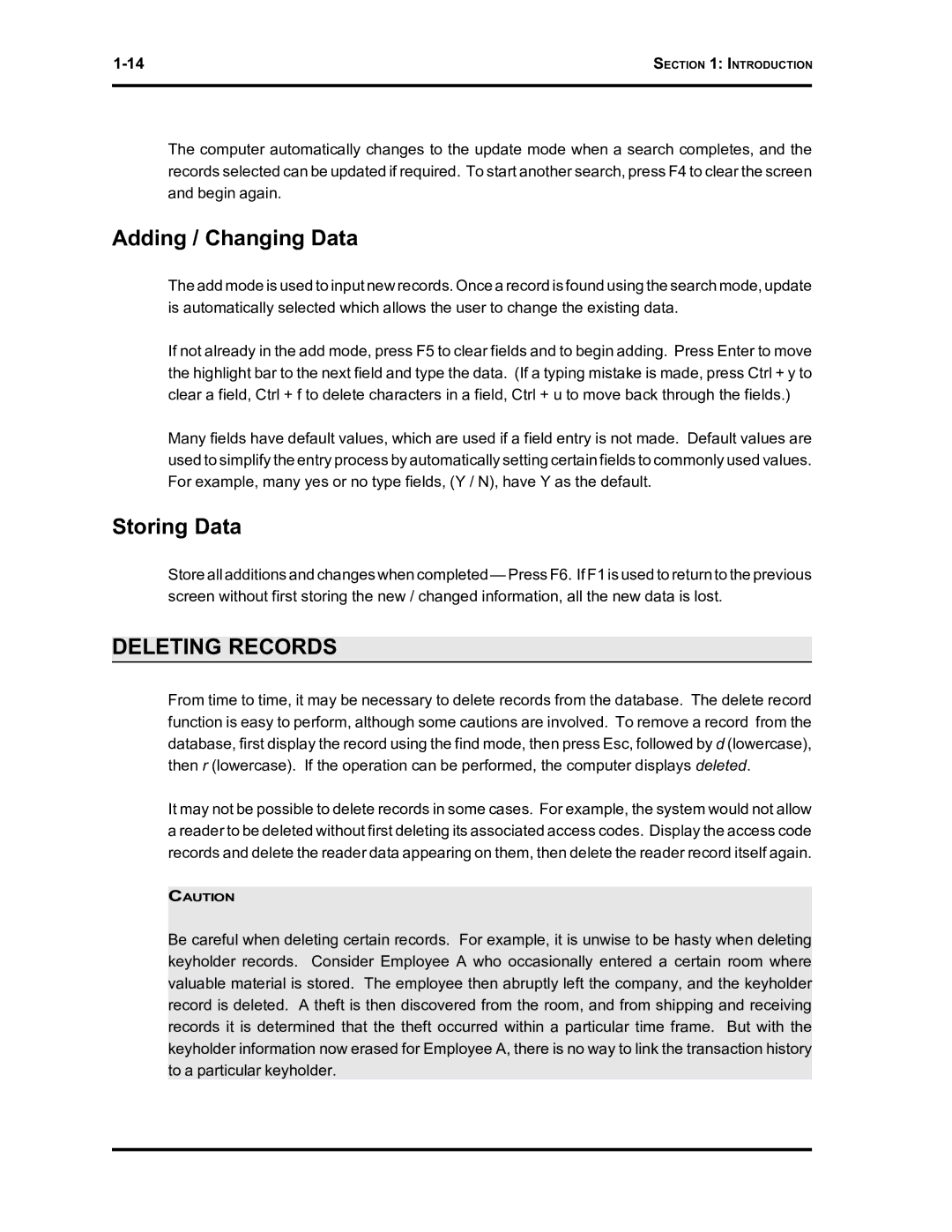 Westinghouse SE 6000 manual Adding / Changing Data, Storing Data, Deleting Records 