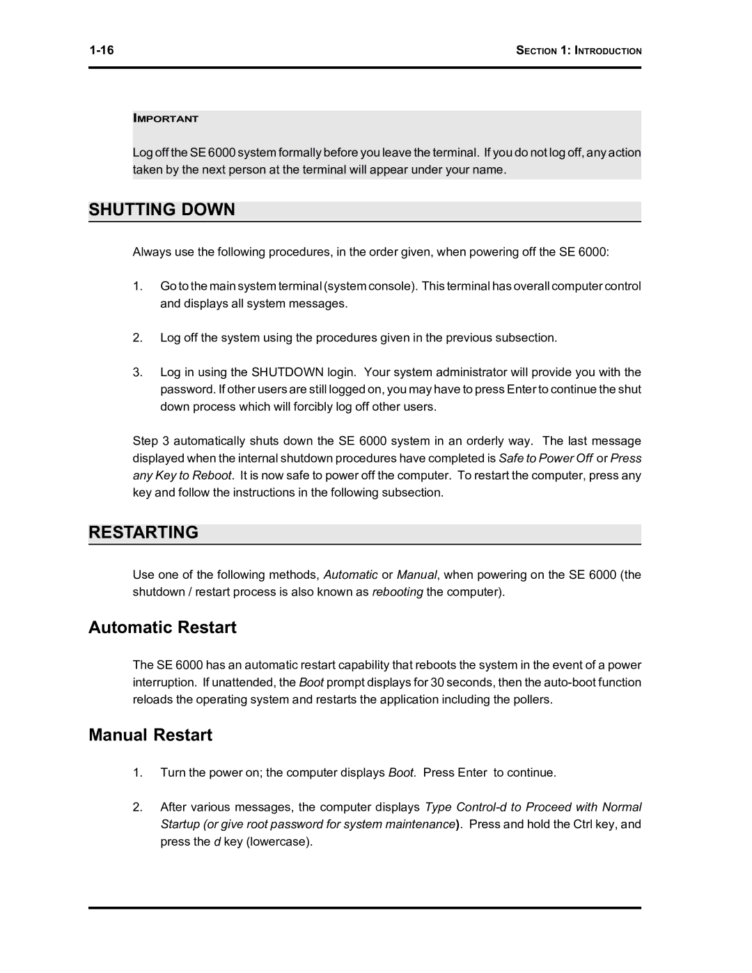 Westinghouse SE 6000 manual Shutting Down, Restarting, Automatic Restart, Manual Restart 