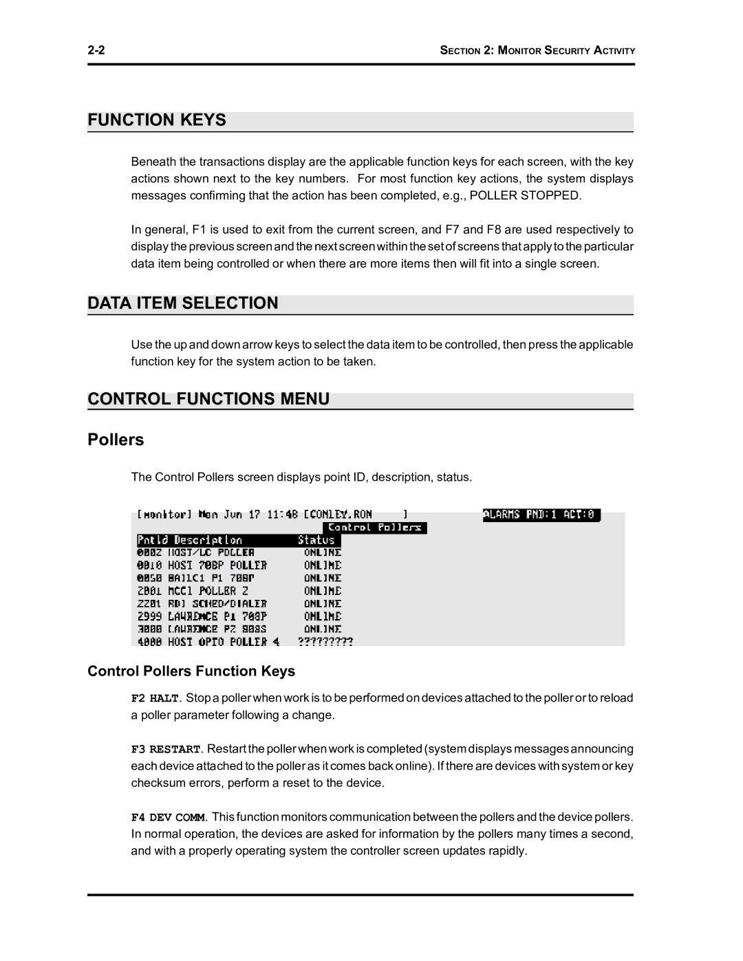 Westinghouse SE 6000 manual Data Item Selection, Control Functions Menu, Control Pollers Function Keys 