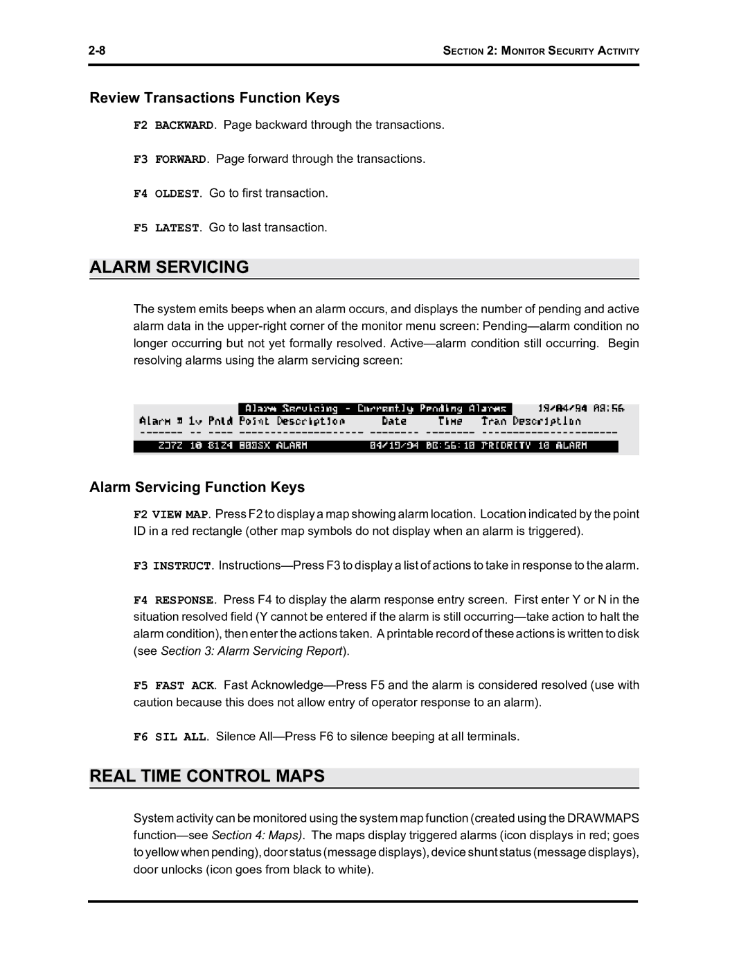 Westinghouse SE 6000 manual Alarm Servicing, Real Time Control Maps, Review Transactions Function Keys 