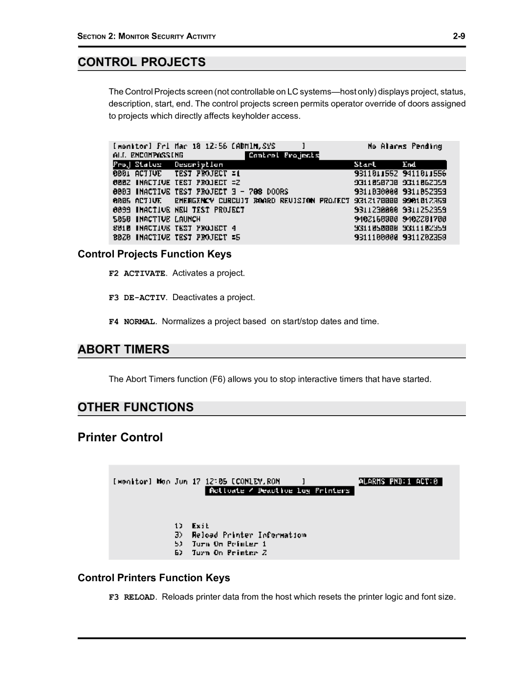 Westinghouse SE 6000 manual Control Projects, Abort Timers, Other Functions, Printer Control 