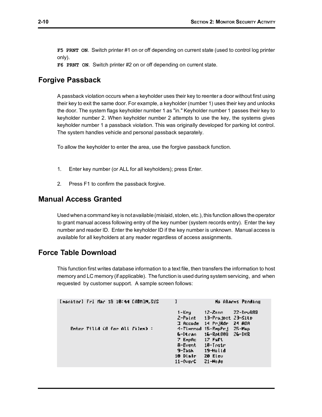 Westinghouse SE 6000 manual Forgive Passback, Manual Access Granted, Force Table Download 