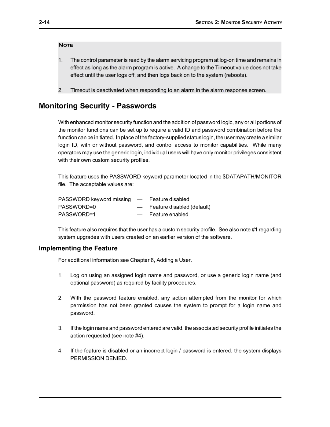 Westinghouse SE 6000 manual Monitoring Security Passwords, Implementing the Feature 