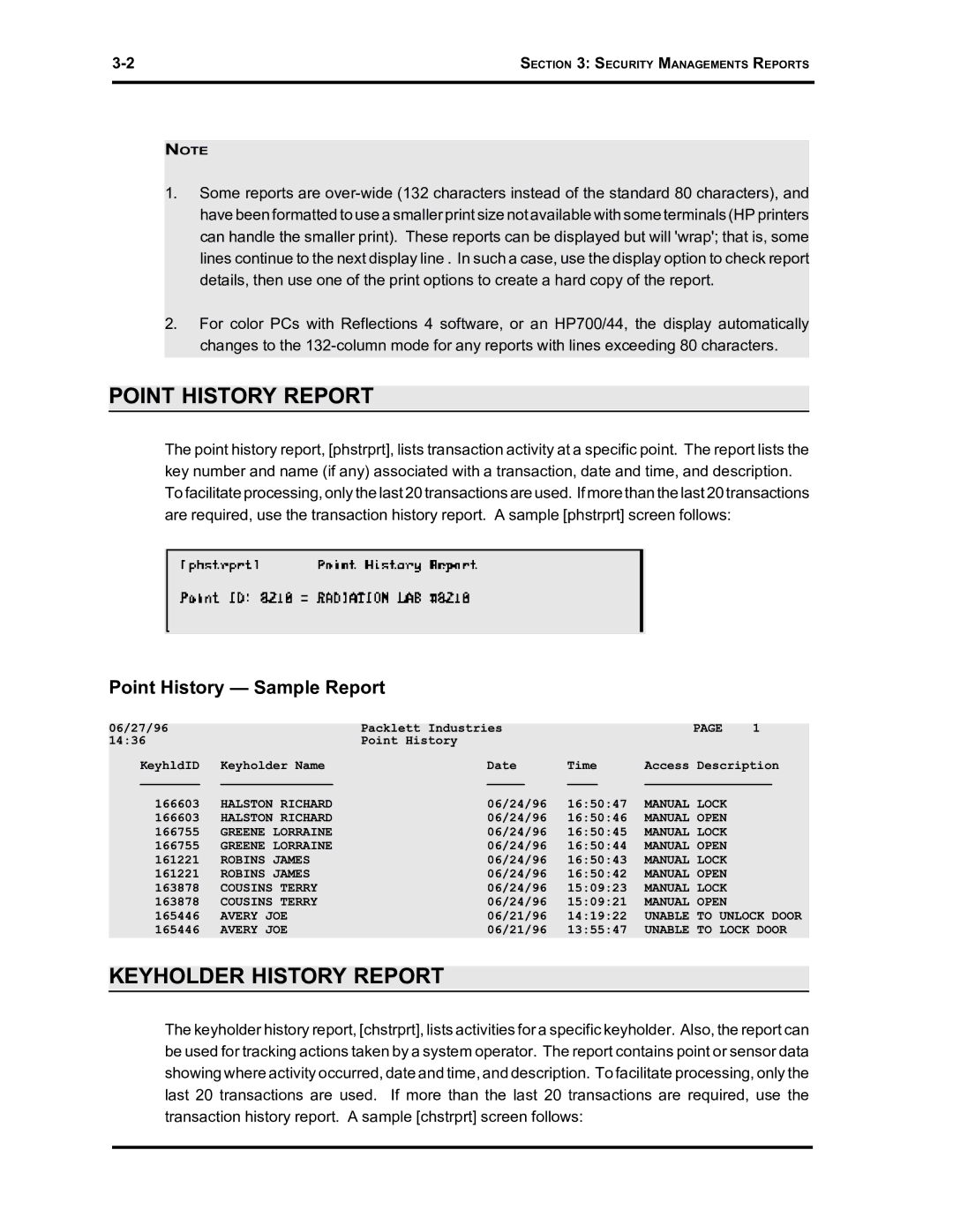 Westinghouse SE 6000 manual Point History Report, Keyholder History Report, Point History Sample Report 