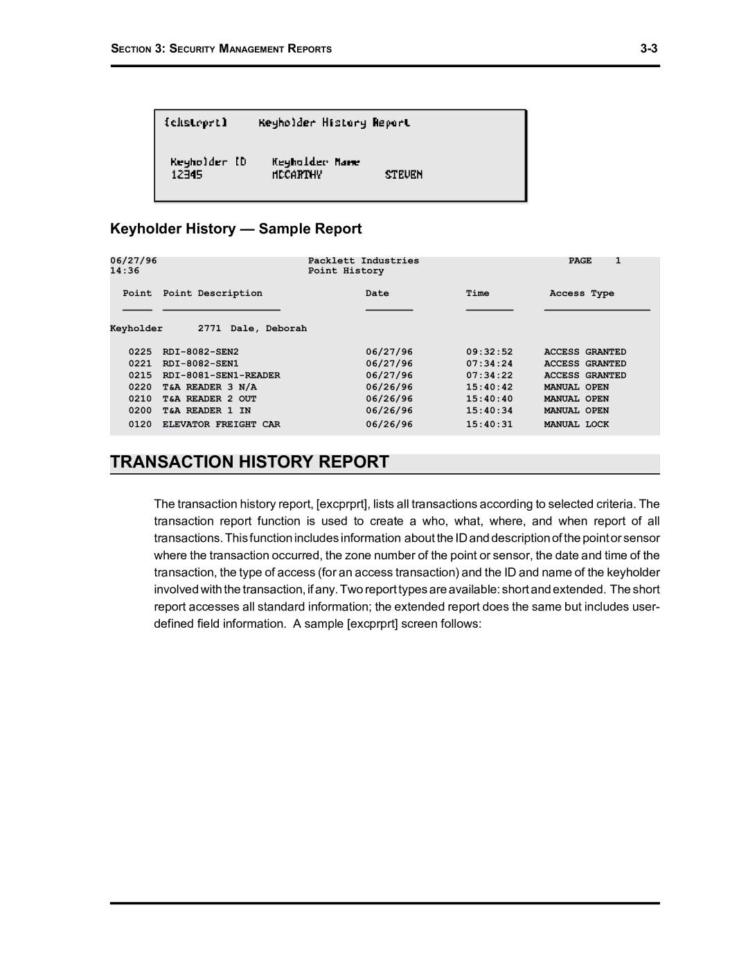 Westinghouse SE 6000 manual Transaction History Report, Keyholder History Sample Report 