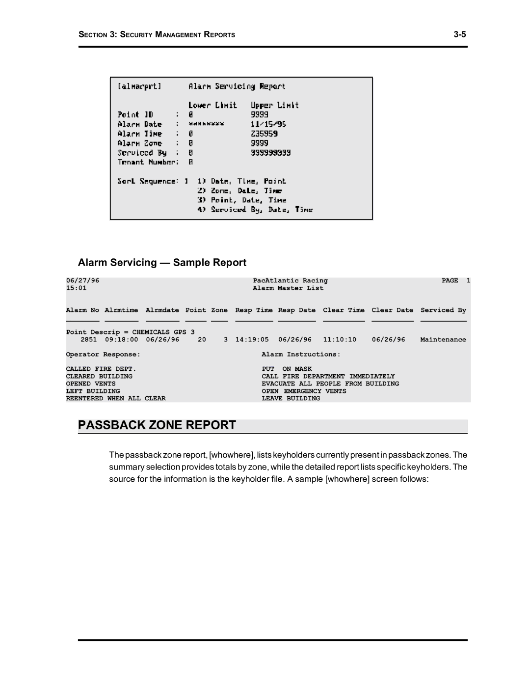 Westinghouse SE 6000 manual Passback Zone Report, Alarm Servicing Sample Report 