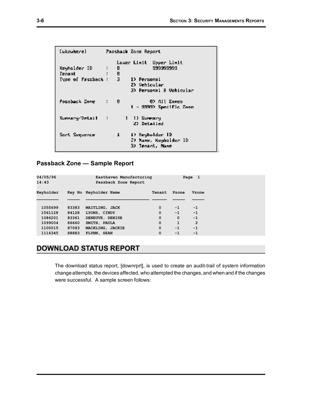 Westinghouse SE 6000 manual Download Status Report, Passback Zone Sample Report 