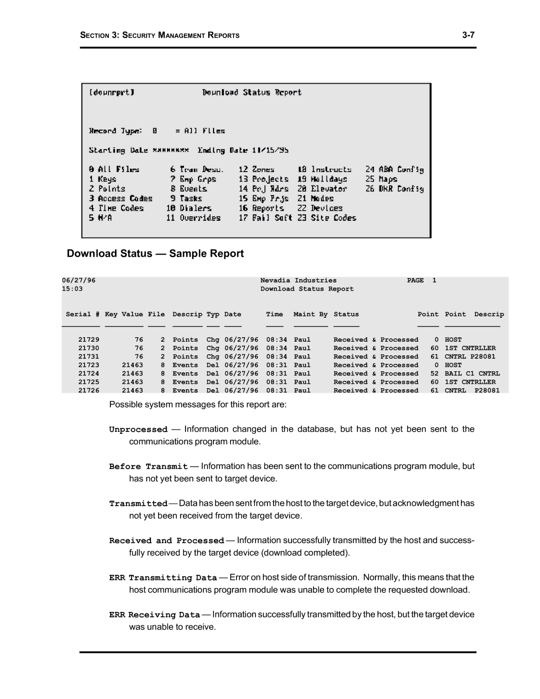 Westinghouse SE 6000 manual Download Status Sample Report, 1ST Cntrller 