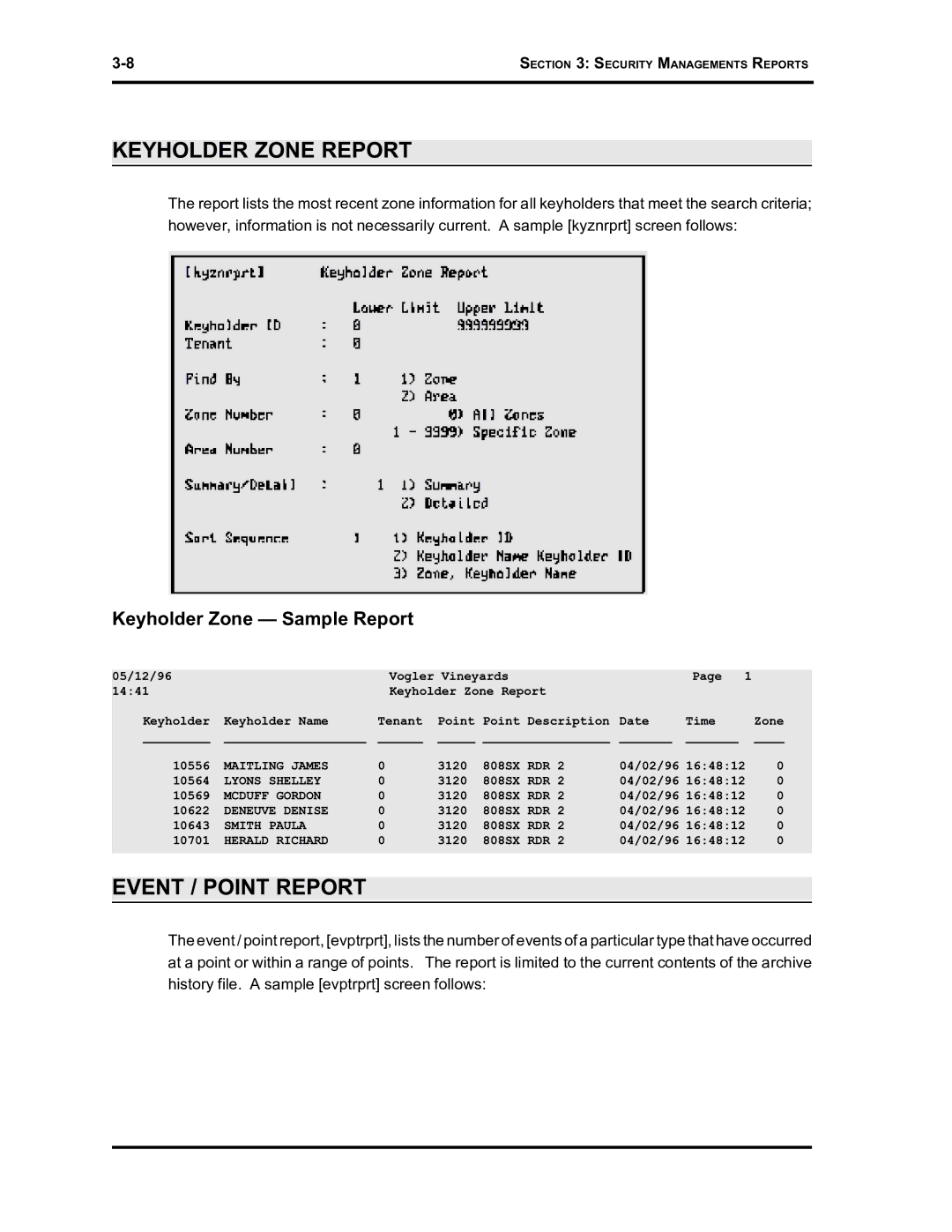 Westinghouse SE 6000 manual Keyholder Zone Report, Event / Point Report, Keyholder Zone Sample Report 