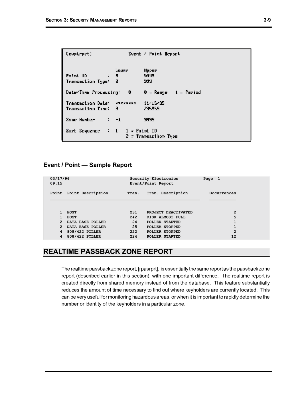 Westinghouse SE 6000 manual Realtime Passback Zone Report, Event / Point Sample Report 