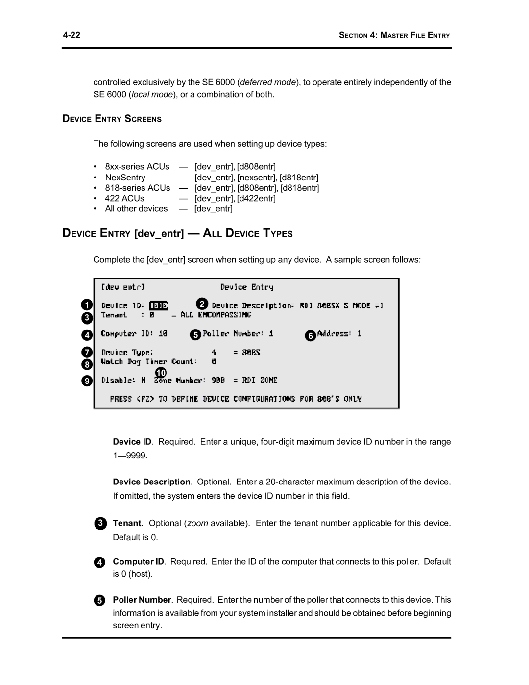 Westinghouse SE 6000 manual Device Entry deventr ALL Device Types 