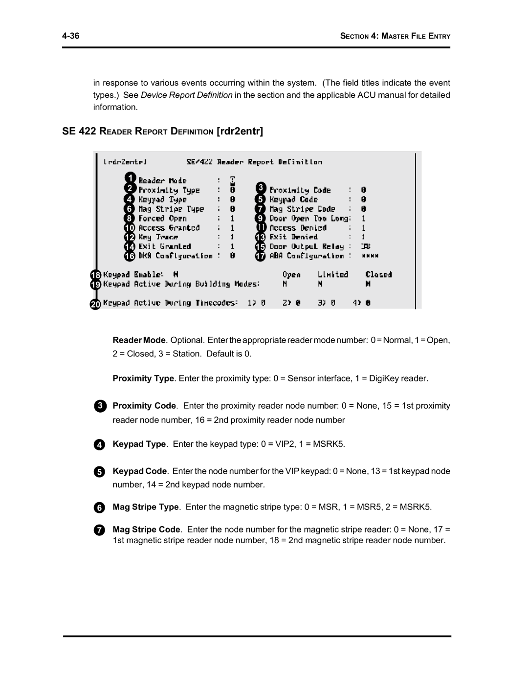 Westinghouse SE 6000 manual SE 422 Reader Report Definition rdr2entr 