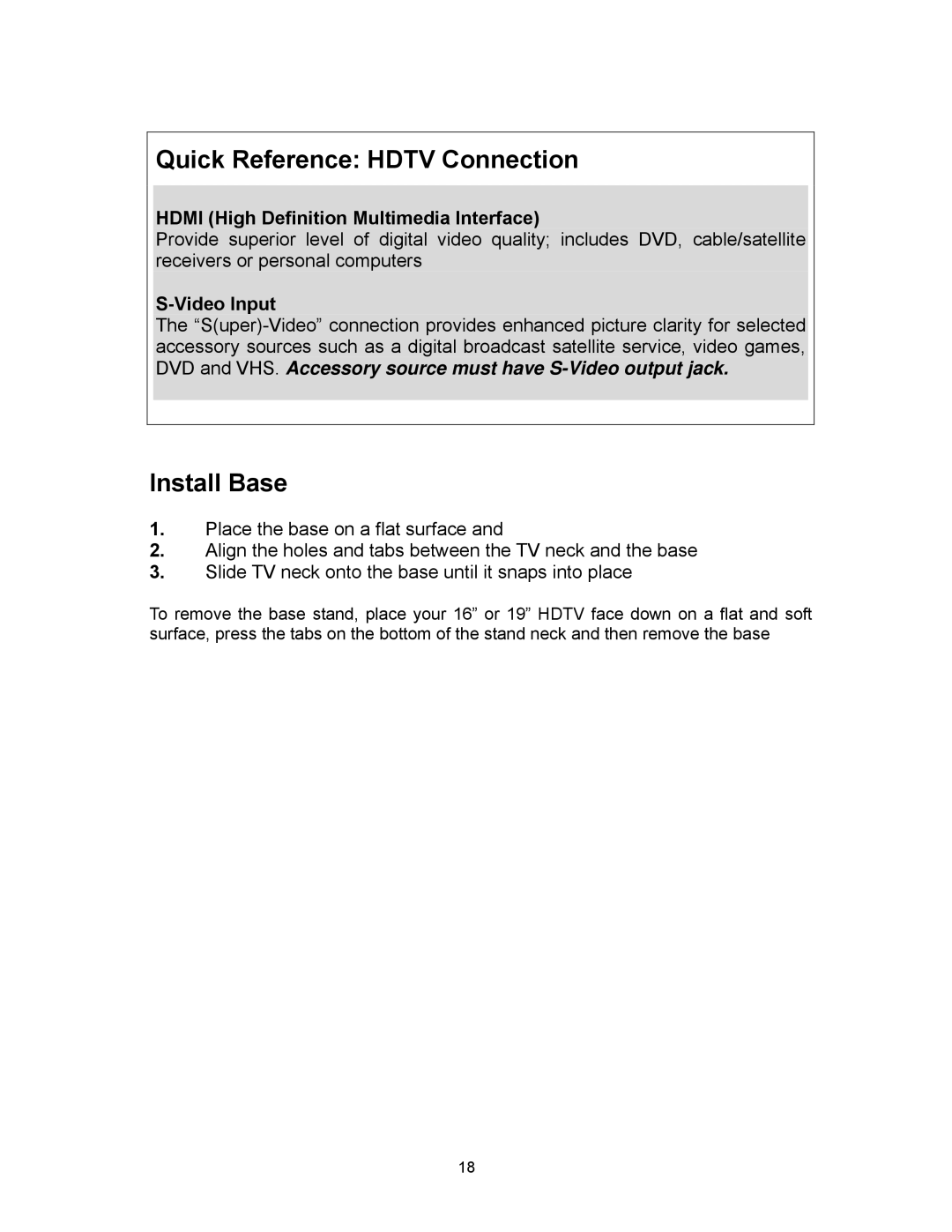 Westinghouse SK-16H120S Quick Reference Hdtv Connection, Install Base, Hdmi High Definition Multimedia Interface 