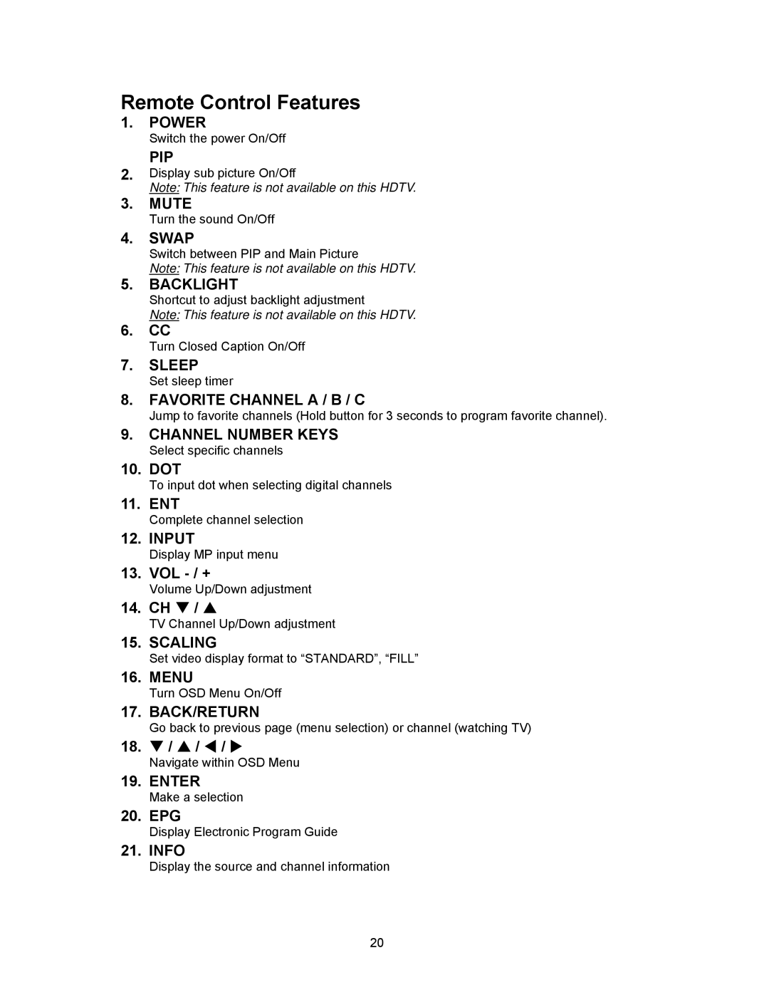 Westinghouse SK-16H120S user manual Remote Control Features 