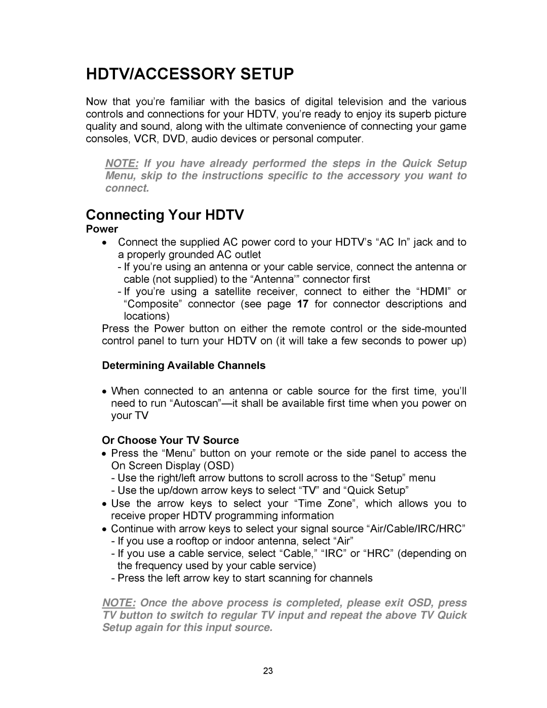 Westinghouse SK-16H120S user manual Connecting Your Hdtv, Power, Determining Available Channels, Or Choose Your TV Source 