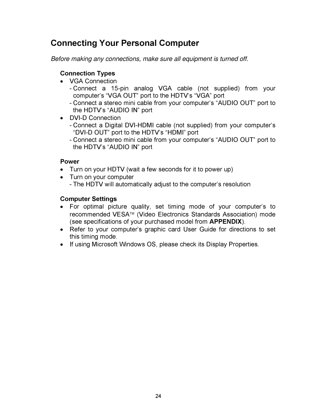 Westinghouse SK-16H120S user manual Connecting Your Personal Computer, Connection Types, Computer Settings 