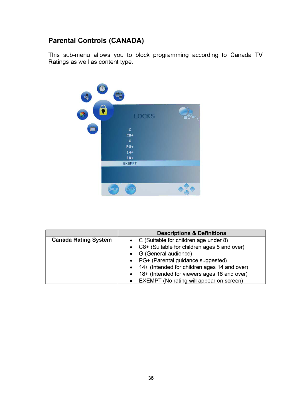 Westinghouse SK-16H120S user manual Parental Controls Canada, Canada Rating System 