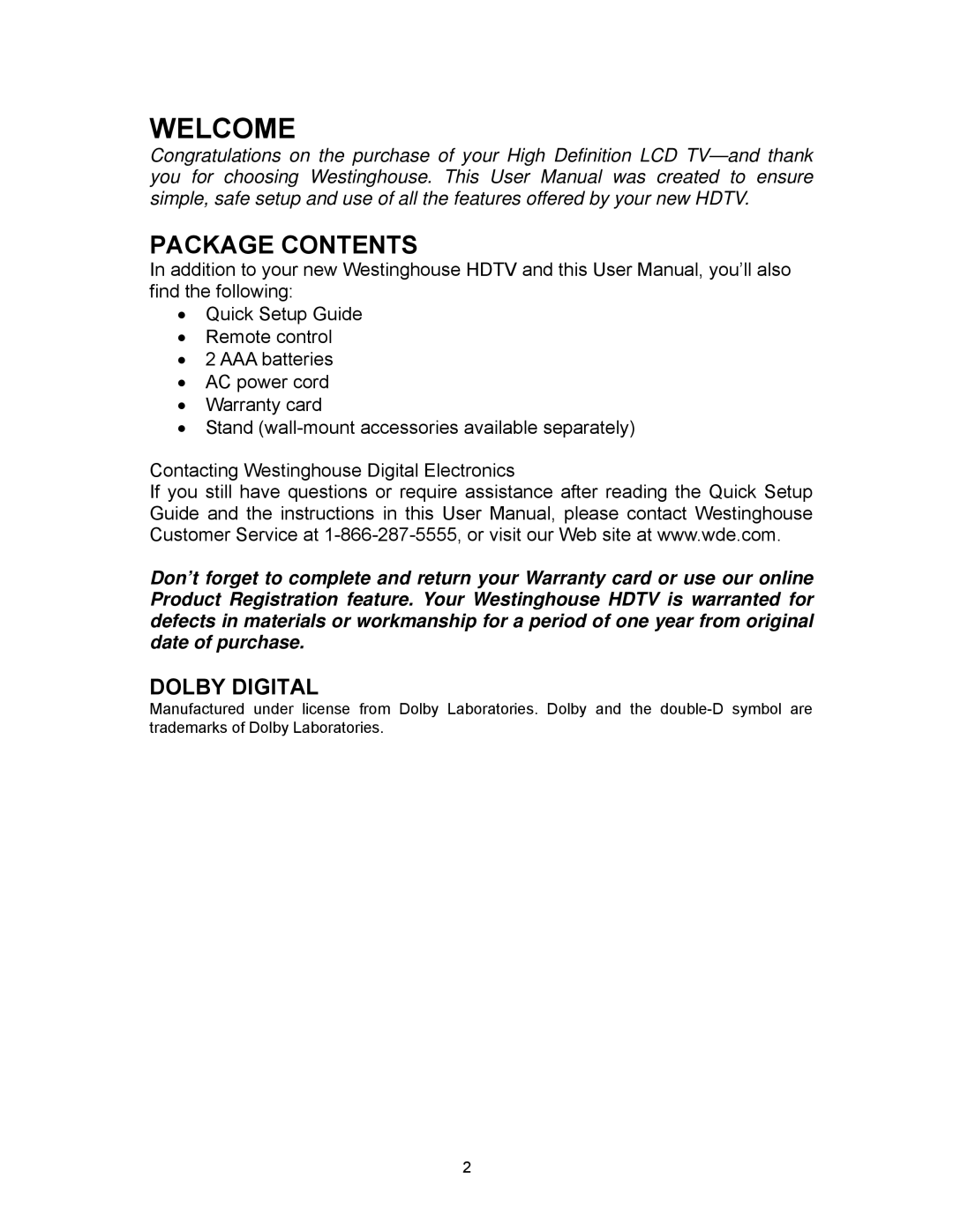 Westinghouse SK-16H120S user manual Welcome 