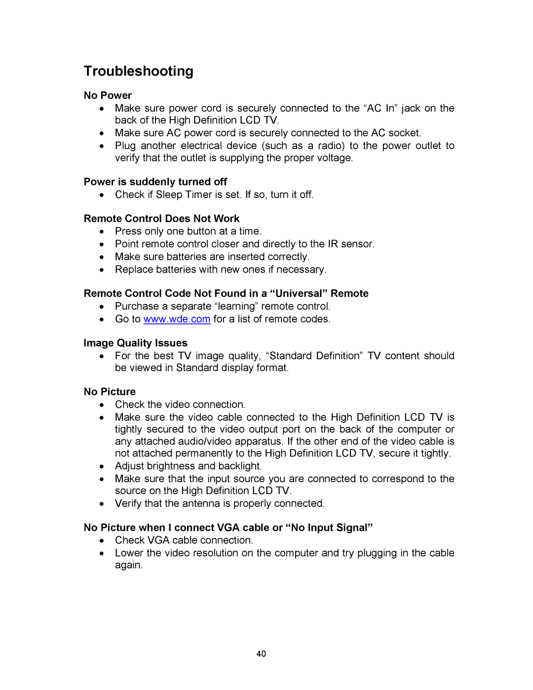 Westinghouse SK-16H120S user manual Troubleshooting 