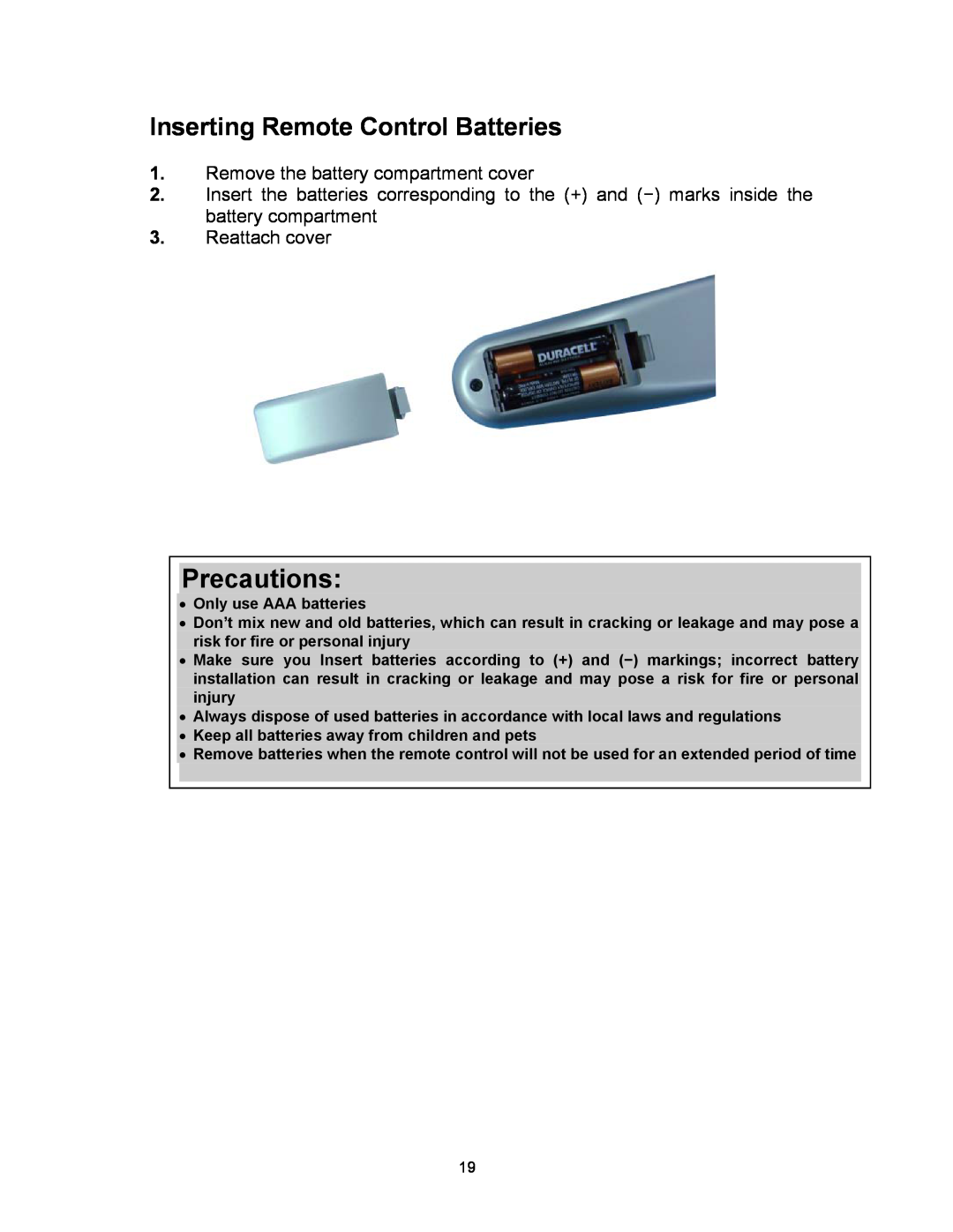 Westinghouse SK-16H120S user manual Inserting Remote Control Batteries, Precautions 