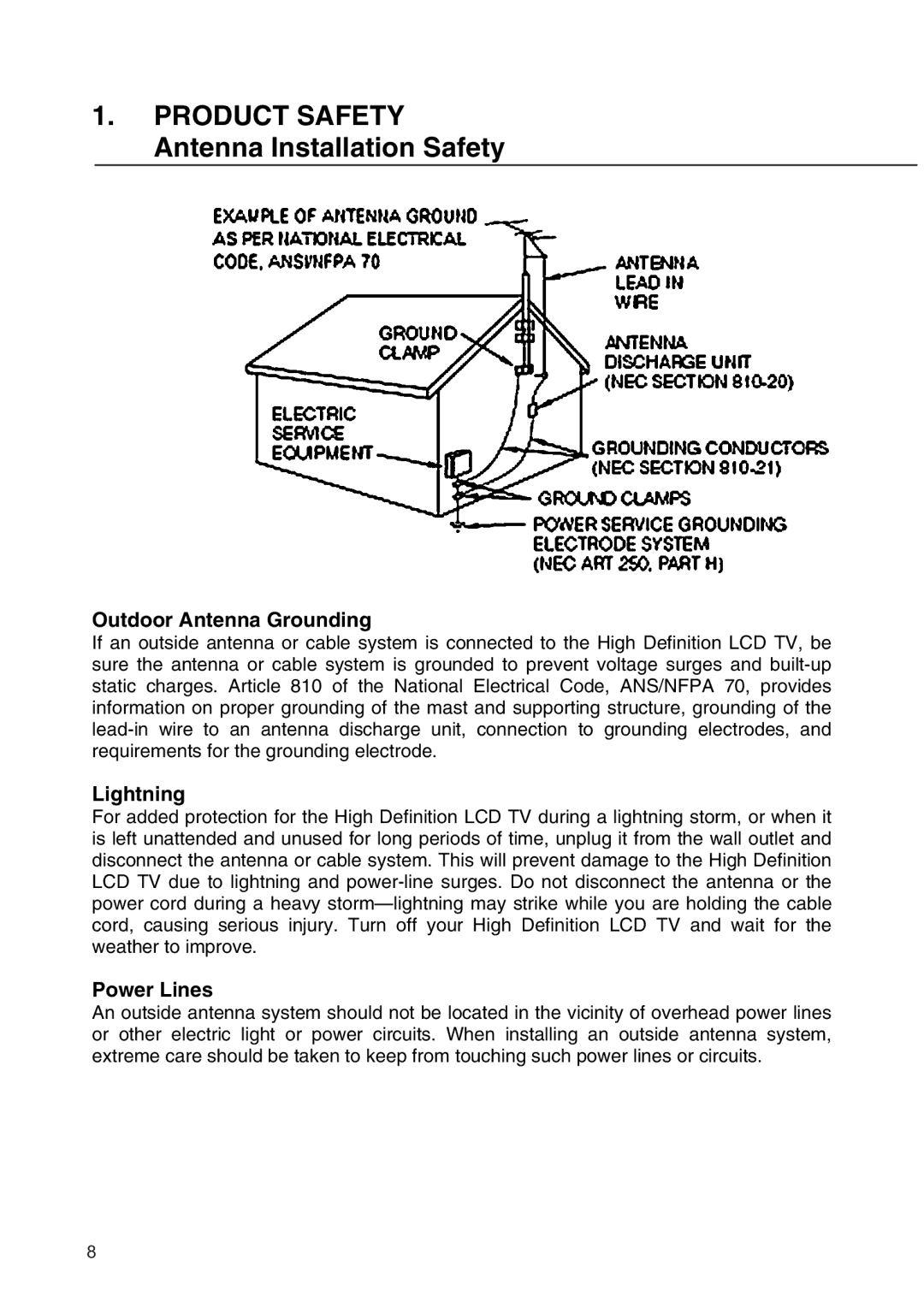 Westinghouse SK-19H210S Product Safety Antenna Installation Safety, Outdoor Antenna Grounding, Lightning, Power Lines 