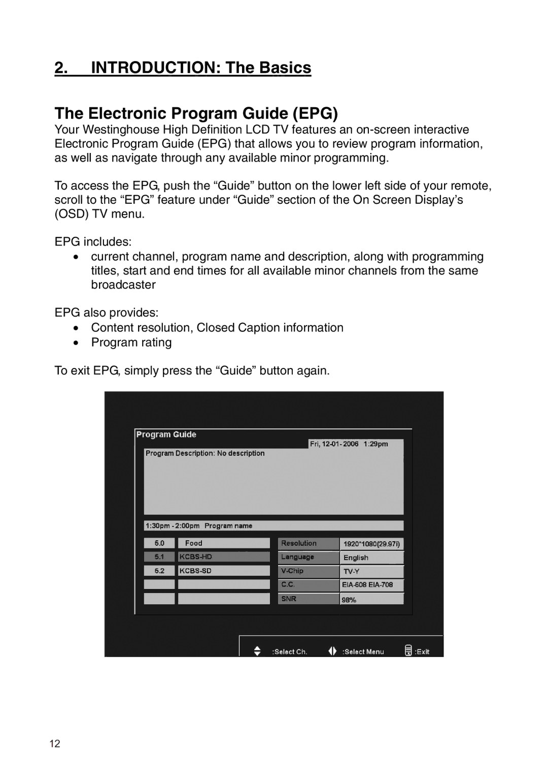 Westinghouse SK-19H210S manual Introduction The Basics Electronic Program Guide EPG 