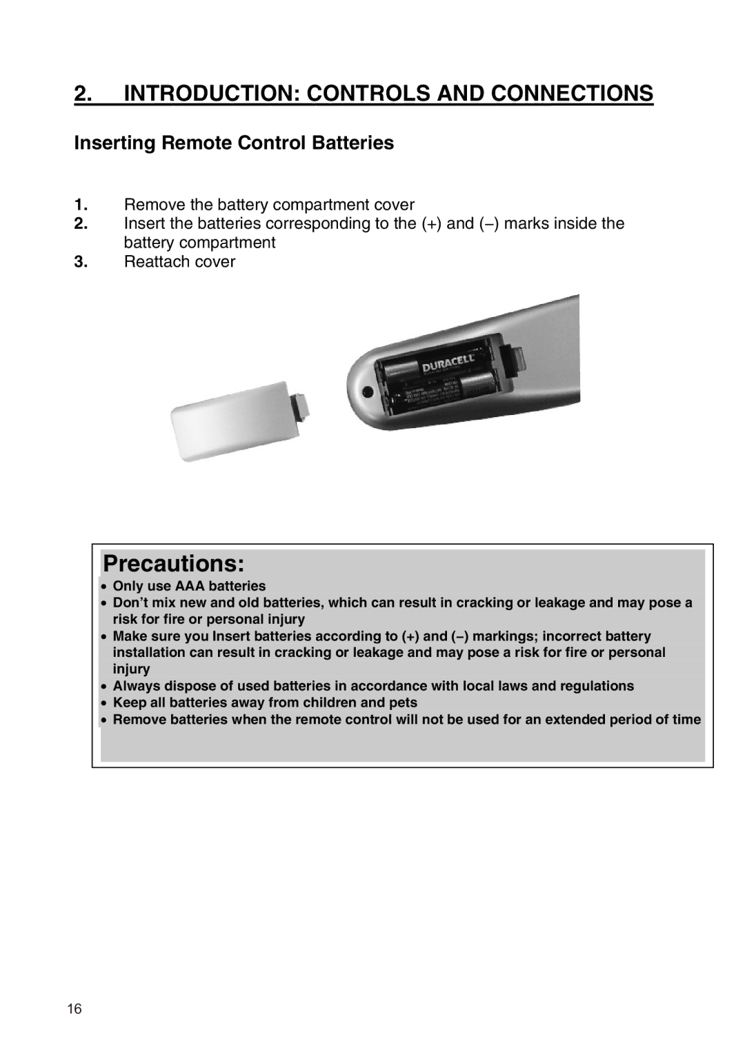 Westinghouse SK-19H210S manual Precautions, Inserting Remote Control Batteries 