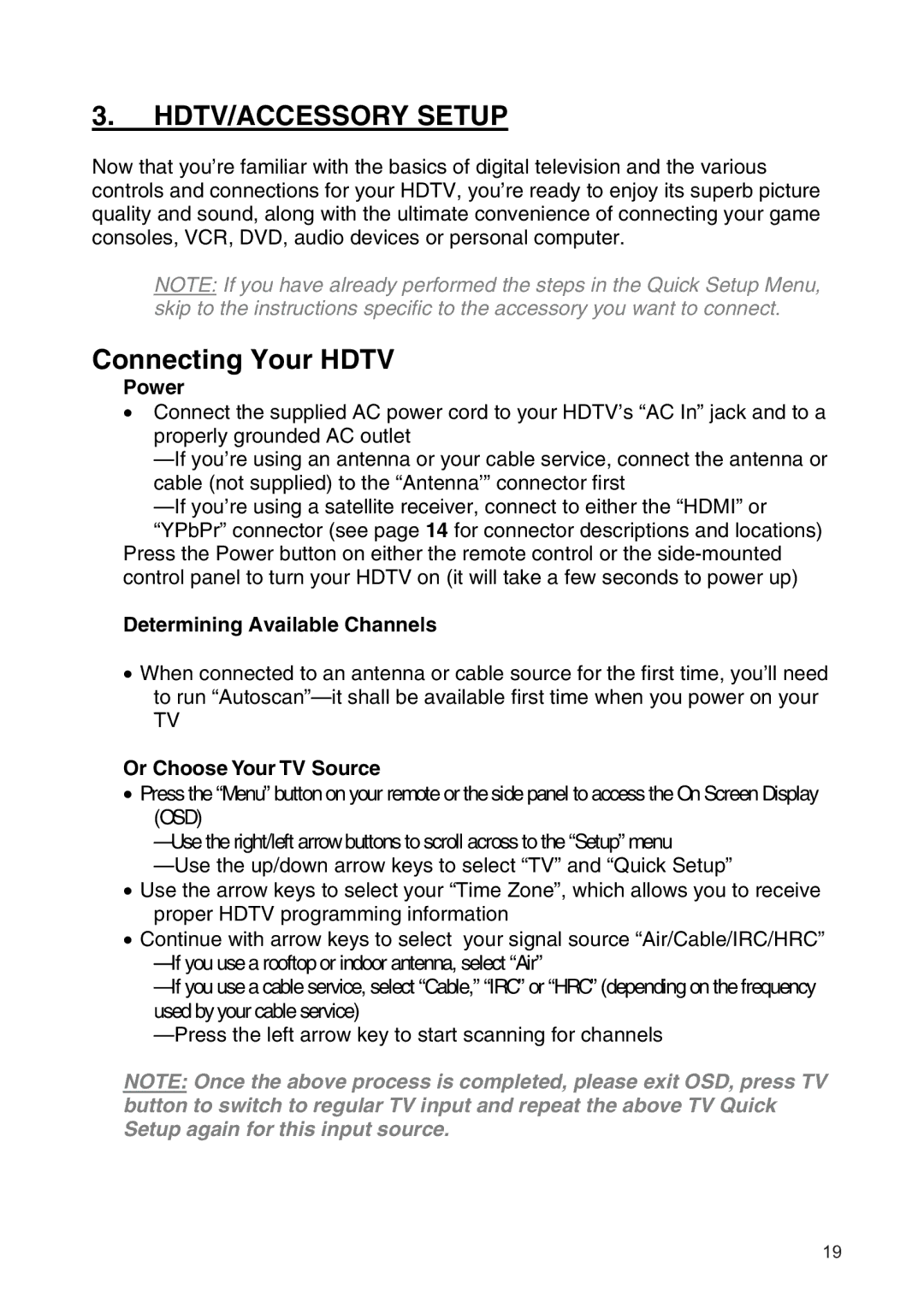 Westinghouse SK-19H210S manual HDTV/ACCESSORY Setup, Connecting Your Hdtv, Power, Determining Available Channels 