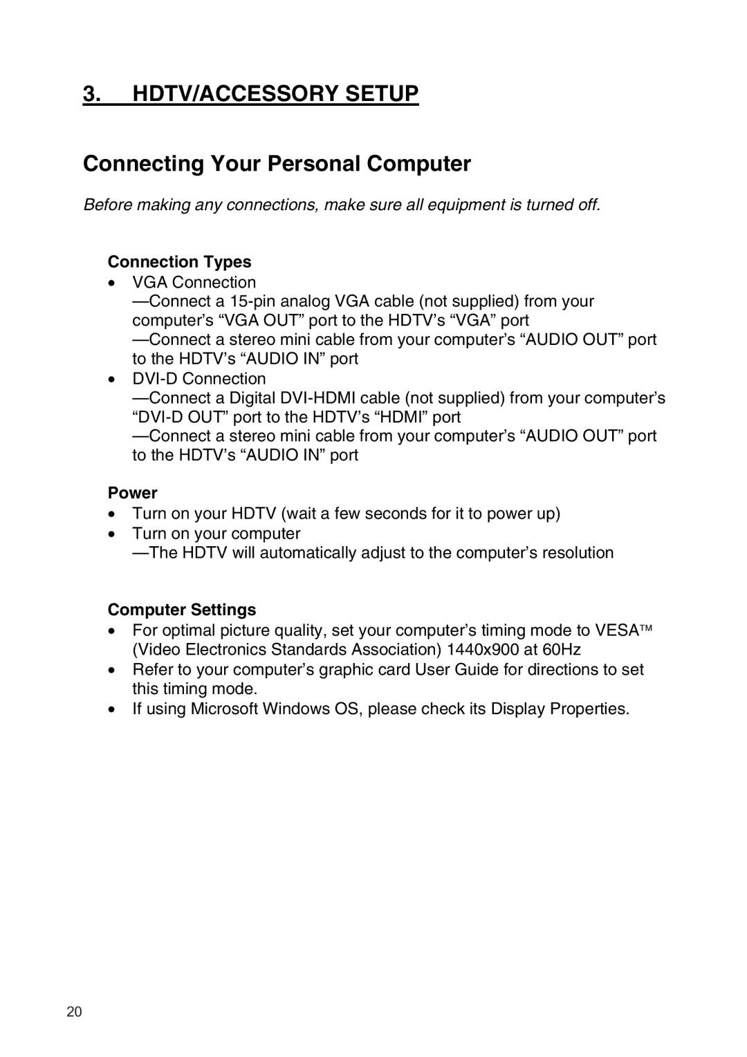 Westinghouse SK-19H210S manual Connecting Your Personal Computer, Connection Types, Computer Settings 