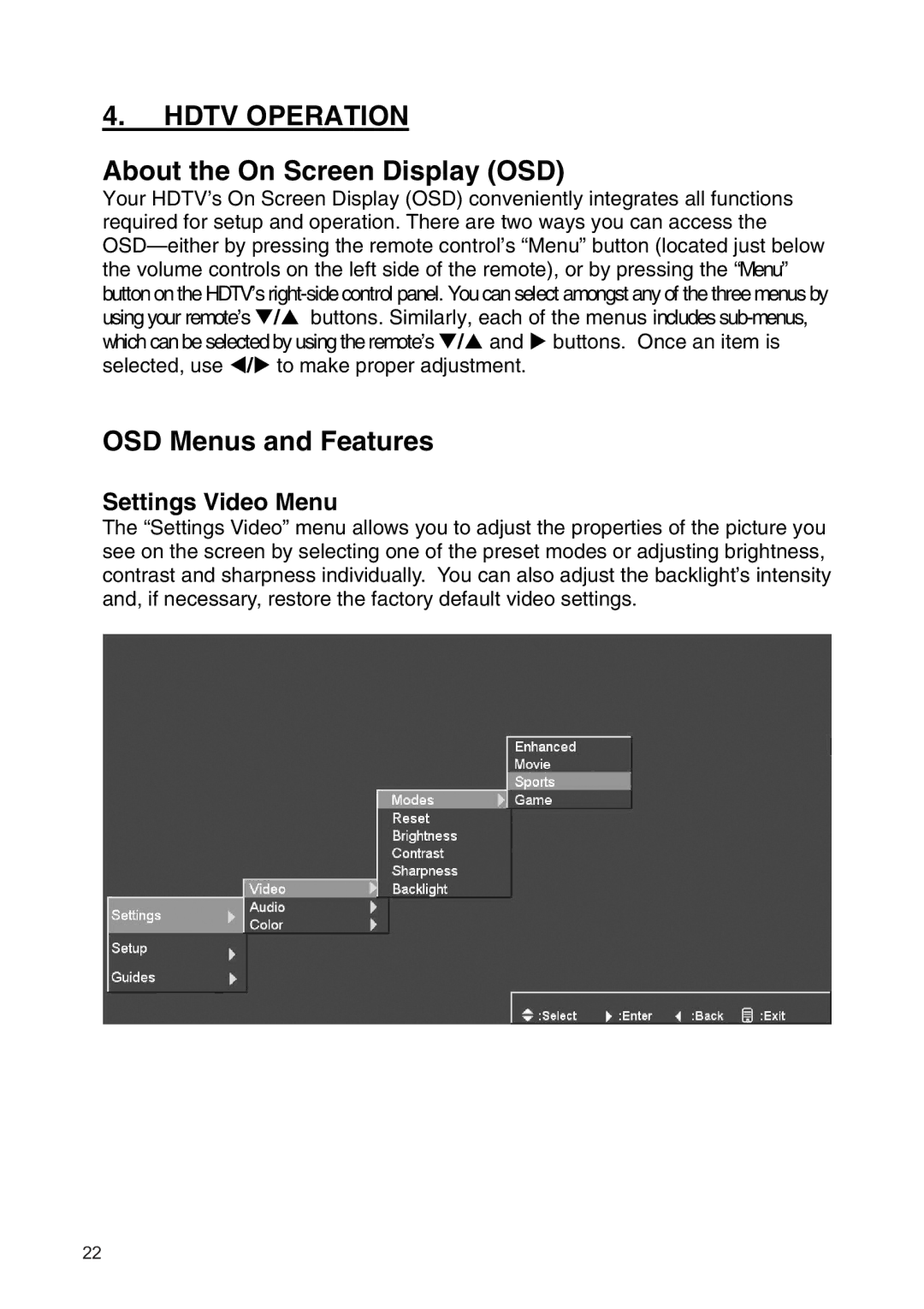 Westinghouse SK-19H210S manual Hdtv Operation, About the On Screen Display OSD, OSD Menus and Features, Settings Video Menu 