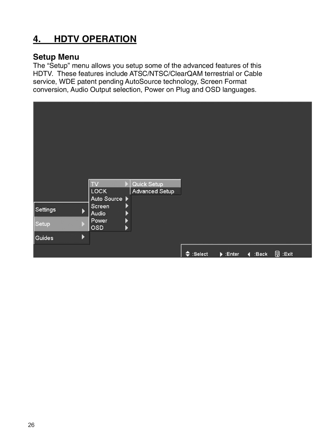 Westinghouse SK-19H210S manual Setup Menu 