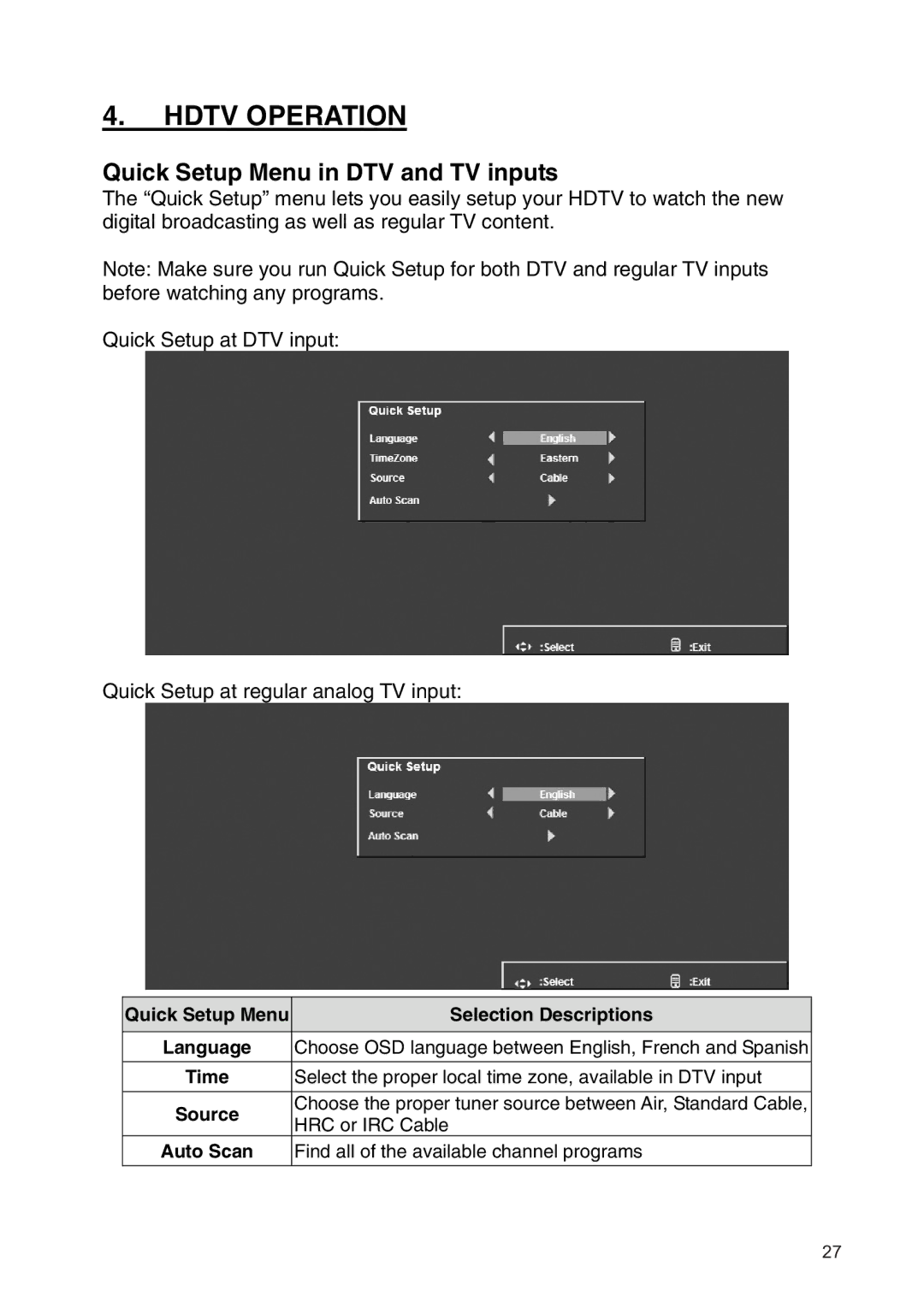 Westinghouse SK-19H210S Quick Setup Menu in DTV and TV inputs, Quick Setup Menu Selection Descriptions, Source, Auto Scan 