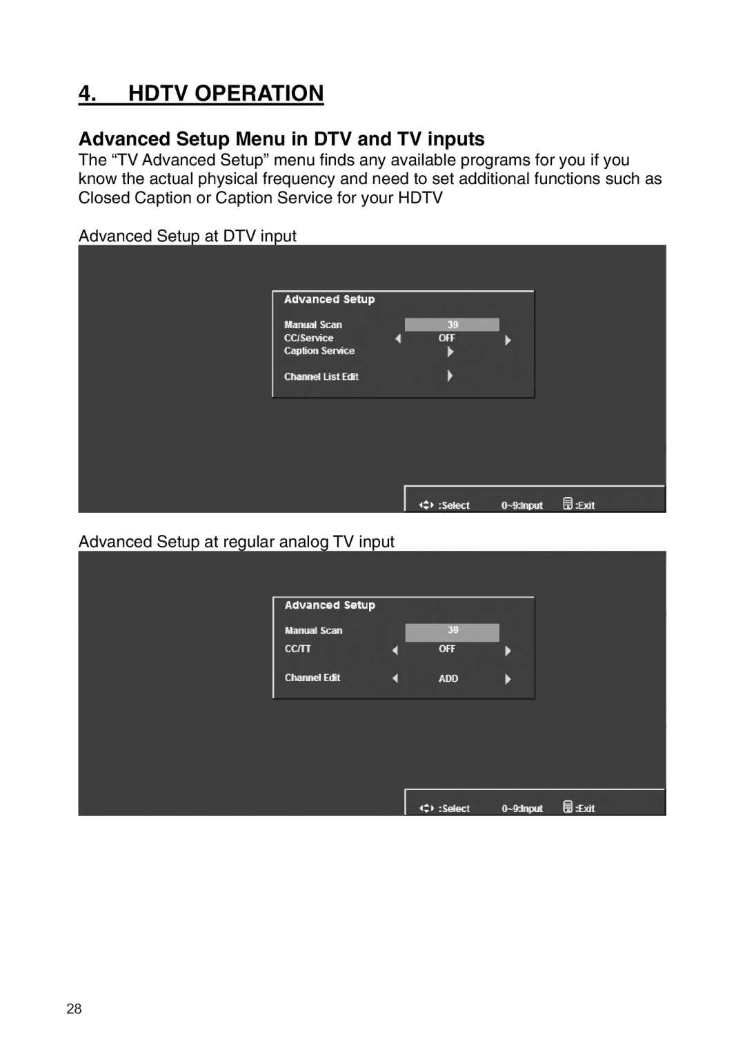 Westinghouse SK-19H210S manual Advanced Setup Menu in DTV and TV inputs 