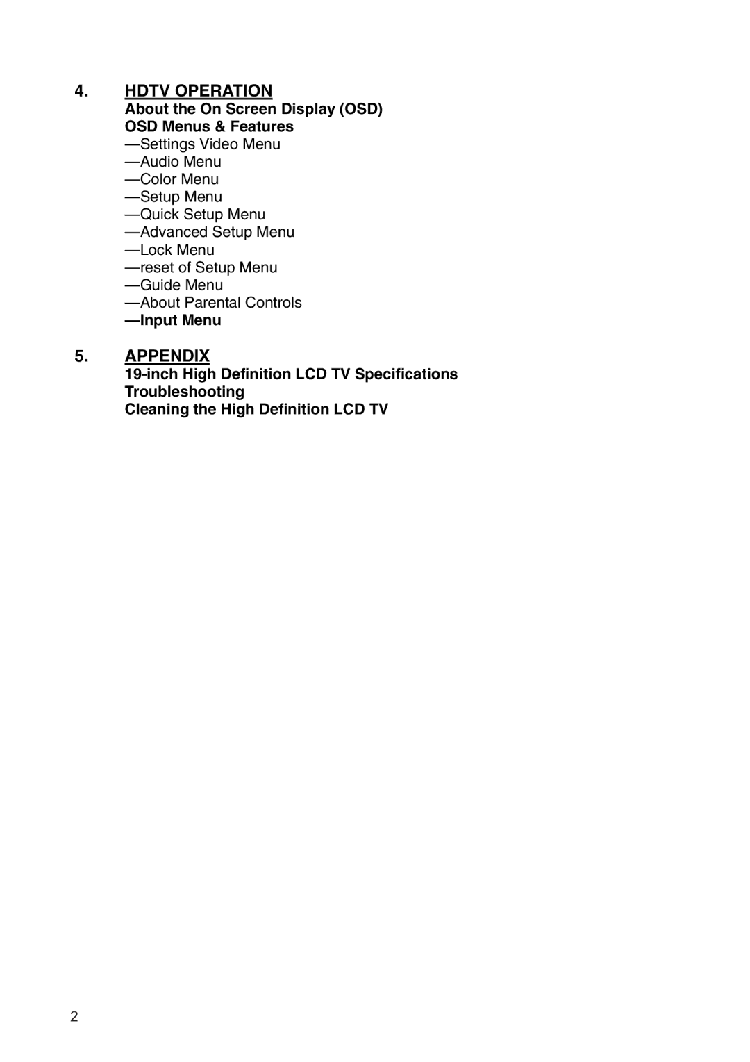 Westinghouse SK-19H210S manual Hdtv Operation, Input Menu 