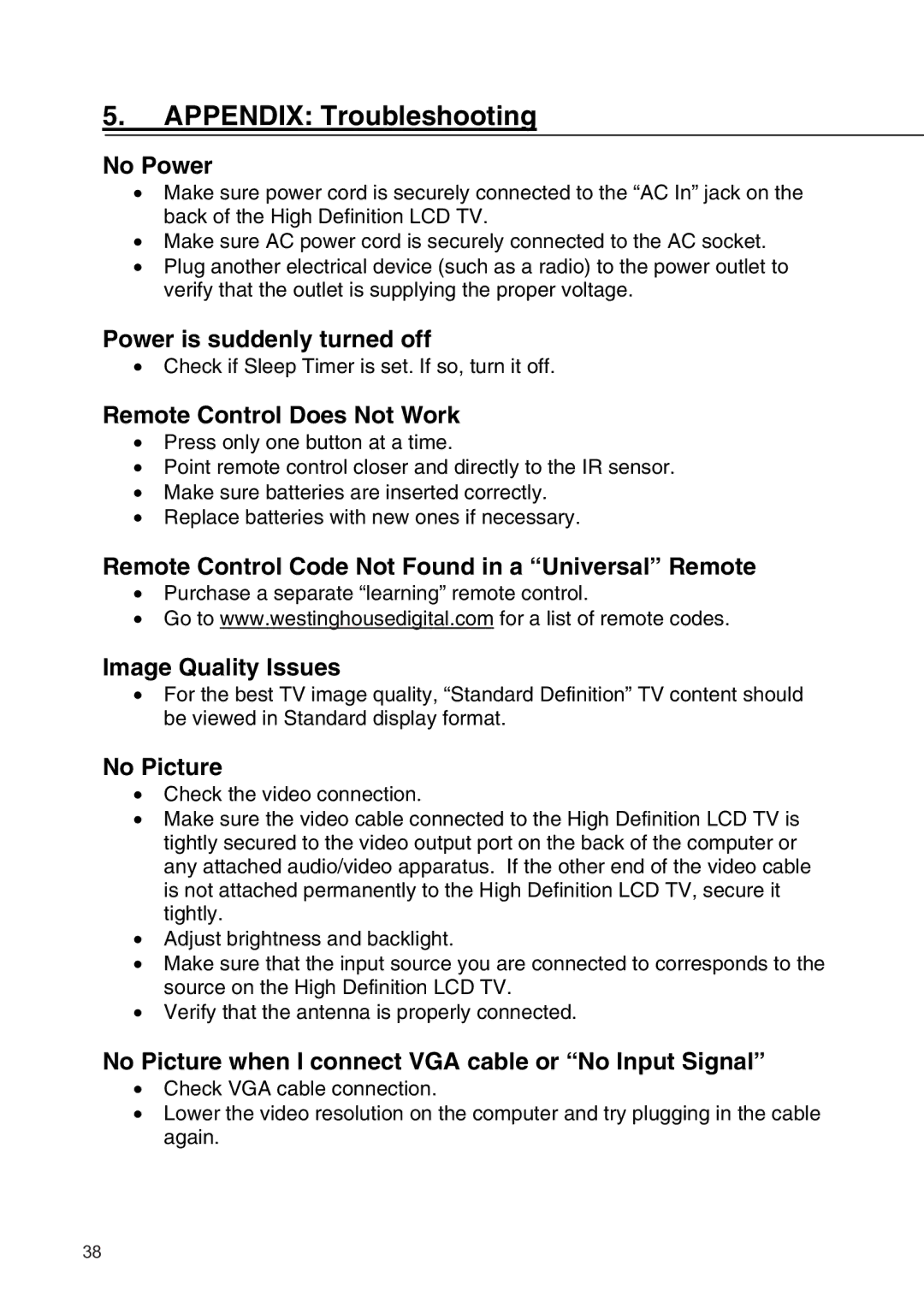 Westinghouse SK-19H210S manual Appendix Troubleshooting 