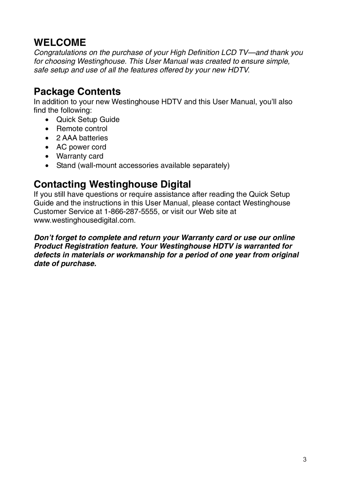 Westinghouse SK-19H210S manual Welcome, Package Contents, Contacting Westinghouse Digital 