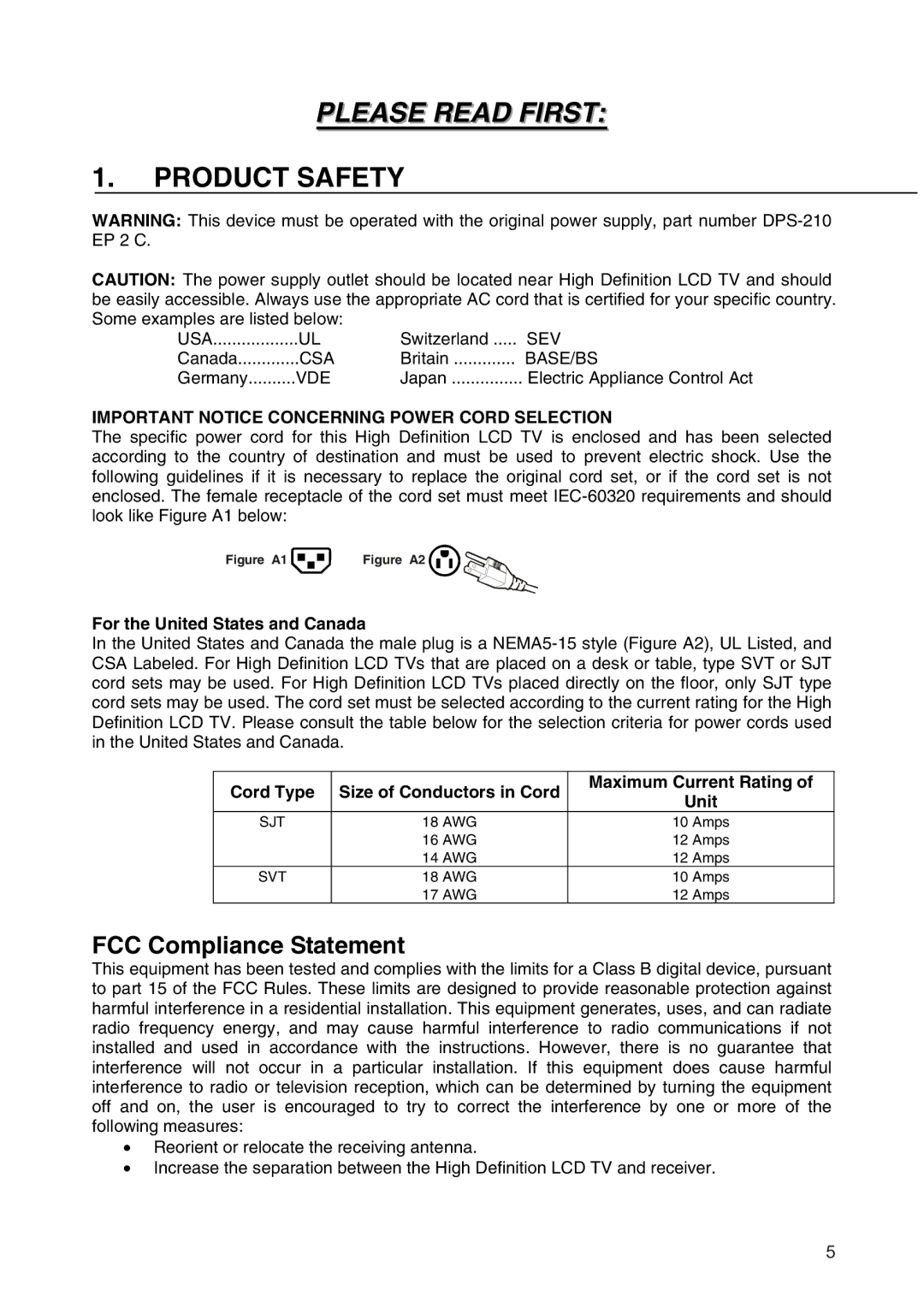 Westinghouse SK-19H210S manual Product Safety, FCC Compliance Statement 