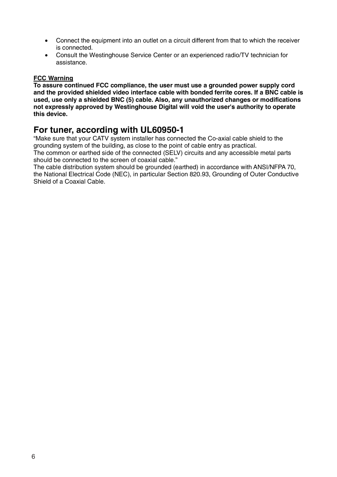 Westinghouse SK-19H210S manual For tuner, according with UL60950-1 